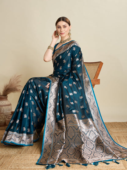 Vedant Vastram Soft Litchi SIlk Banarasi Silk Jacquard Saree - Firozi