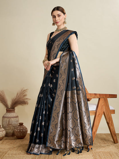 Vedant Vastram Soft Litchi SIlk Banarasi Silk Jacquard Saree - Navy Blue