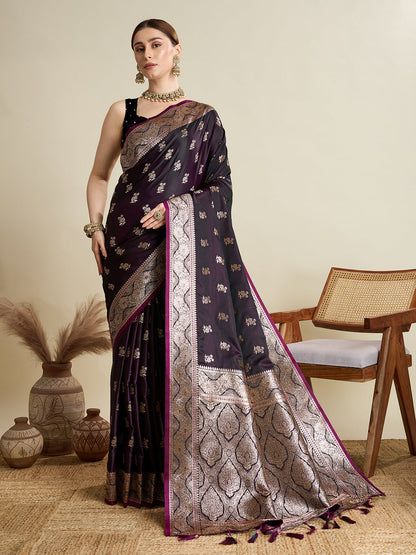 Vedant Vastram Soft Litchi SIlk Banarasi Silk Jacquard Saree - Wine