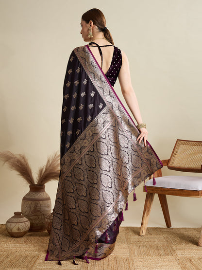 Vedant Vastram Soft Litchi SIlk Banarasi Silk Jacquard Saree - Wine