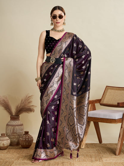 Vedant Vastram Soft Litchi SIlk Banarasi Silk Jacquard Saree - Wine