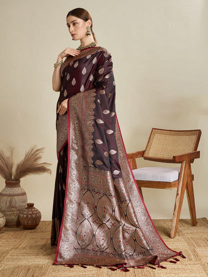 Vedant Vastram Soft Litchi SIlk Banarasi Silk Jacquard Saree - Maroon