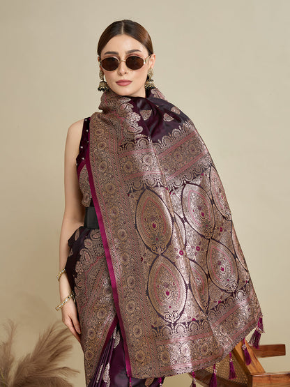Vedant Vastram Soft Litchi SIlk Banarasi Silk Jacquard Saree - Wine