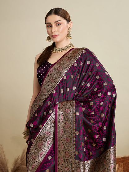 Vedant Vastram Soft Litchi SIlk Banarasi Silk Jacquard Saree - Wine