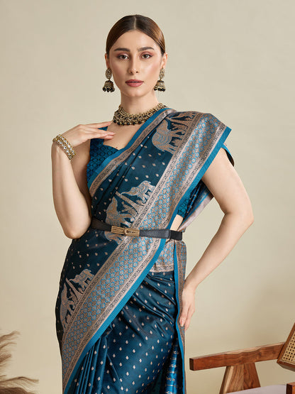 Vedant Vastram Soft Litchi SIlk Banarasi Silk Jacquard Saree - Firozi