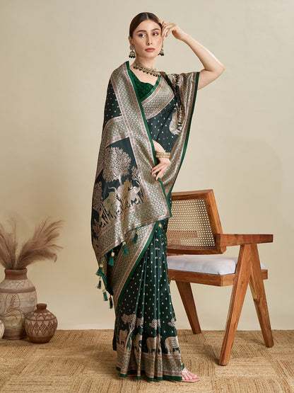Vedant Vastram Soft Litchi SIlk Banarasi Silk Jacquard Saree - Green