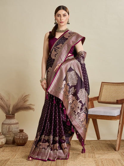 Vedant Vastram Soft Litchi SIlk Banarasi Silk Jacquard Saree - Wine