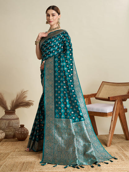 Vedant Vastram Soft Litchi SIlk Banarasi Silk Jacquard Saree - Firozi