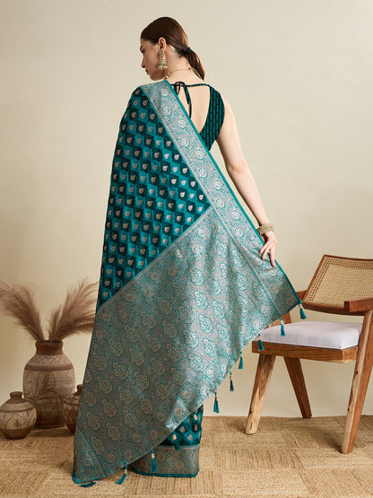 Vedant Vastram Soft Litchi SIlk Banarasi Silk Jacquard Saree - Firozi