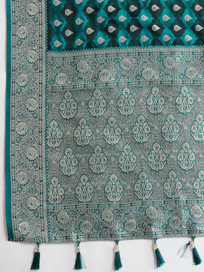 Vedant Vastram Soft Litchi SIlk Banarasi Silk Jacquard Saree - Firozi