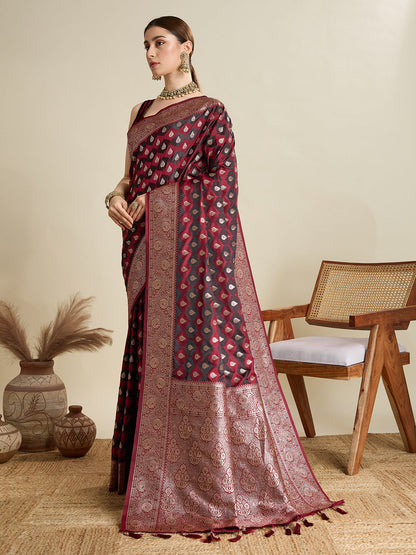 Vedant Vastram Soft Litchi SIlk Banarasi Silk Jacquard Saree - Maroon