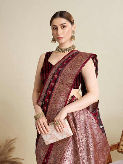 Vedant Vastram Soft Litchi SIlk Banarasi Silk Jacquard Saree - Maroon