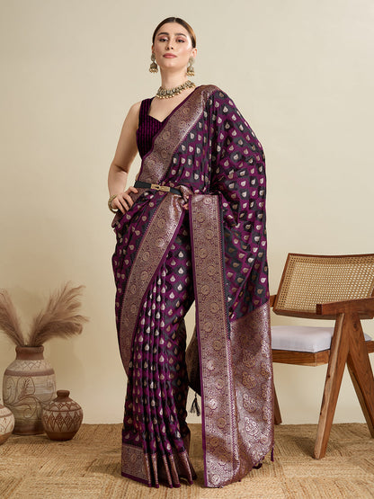 Vedant Vastram Soft Litchi SIlk Banarasi Silk Jacquard Saree - Wine