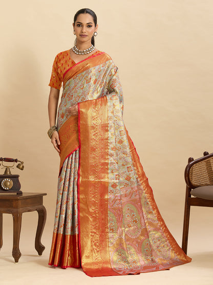 Vedant Vastram Soft Litchi Silk Banarasi Silk Jacquard Saree - Orange