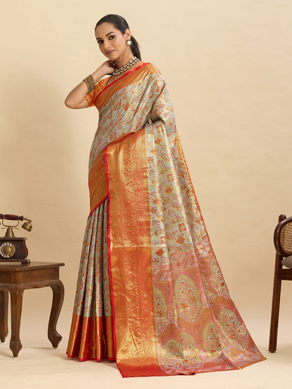 Vedant Vastram Soft Litchi Silk Banarasi Silk Jacquard Saree - Orange