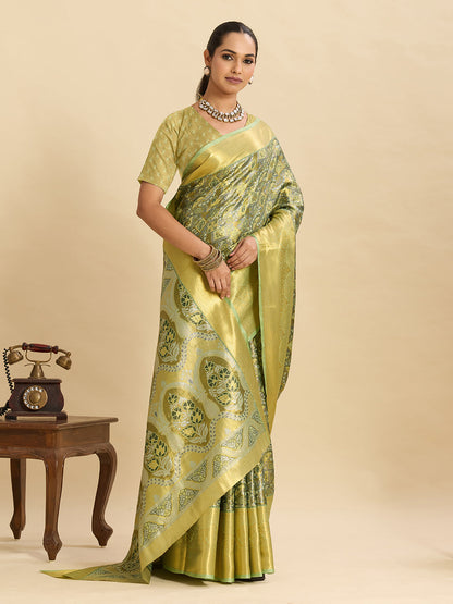 Vedant Vastram Soft Litchi Silk Banarasi Silk Jacquard Saree - Pista