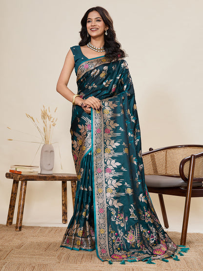 Vedant Vastram Soft Litchi Silk Banarasi Silk Jacquard Saree - Firozi