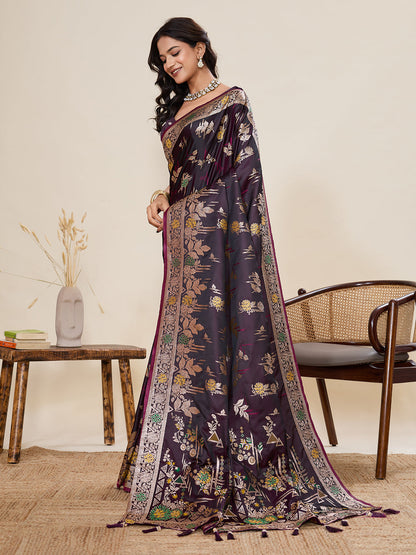 Vedant Vastram Soft Litchi Silk Banarasi Silk Jacquard Saree - Wine