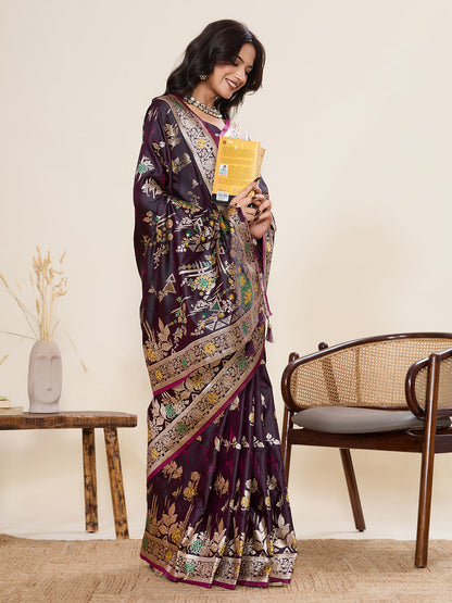 Vedant Vastram Soft Litchi Silk Banarasi Silk Jacquard Saree - Wine