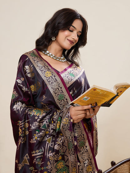 Vedant Vastram Soft Litchi Silk Banarasi Silk Jacquard Saree - Wine
