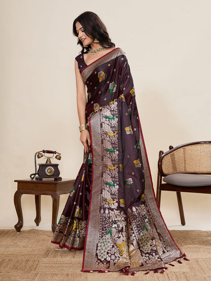 Vedant Vastram Soft Litchi Silk Banarasi Silk Jacquard Saree - Maroon