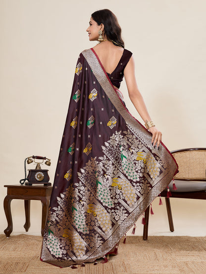 Vedant Vastram Soft Litchi Silk Banarasi Silk Jacquard Saree - Maroon