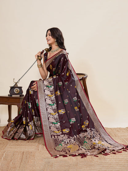 Vedant Vastram Soft Litchi Silk Banarasi Silk Jacquard Saree - Maroon