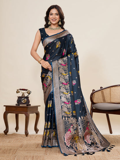Vedant Vastram Soft Litchi Silk Banarasi Silk Jacquard Saree - Navy Blue