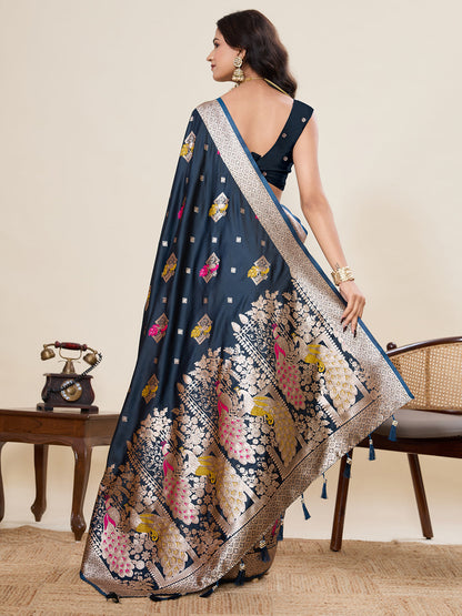 Vedant Vastram Soft Litchi Silk Banarasi Silk Jacquard Saree - Navy Blue
