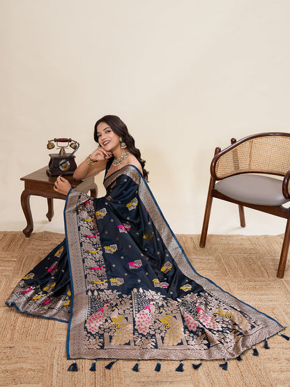 Vedant Vastram Soft Litchi Silk Banarasi Silk Jacquard Saree - Navy Blue