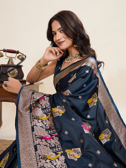 Vedant Vastram Soft Litchi Silk Banarasi Silk Jacquard Saree - Navy Blue