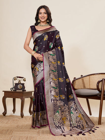 Vedant Vastram Soft Litchi Silk Banarasi Silk Jacquard Saree - Wine
