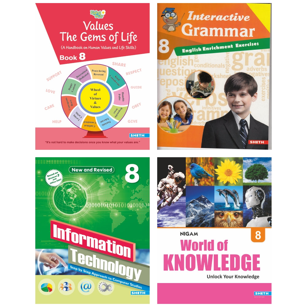 Self Enhancement Student Workbooks Grade 8| Set of 4|Computer-Grammar-World of Knowledge-Value Education|Ages 13-14 Year