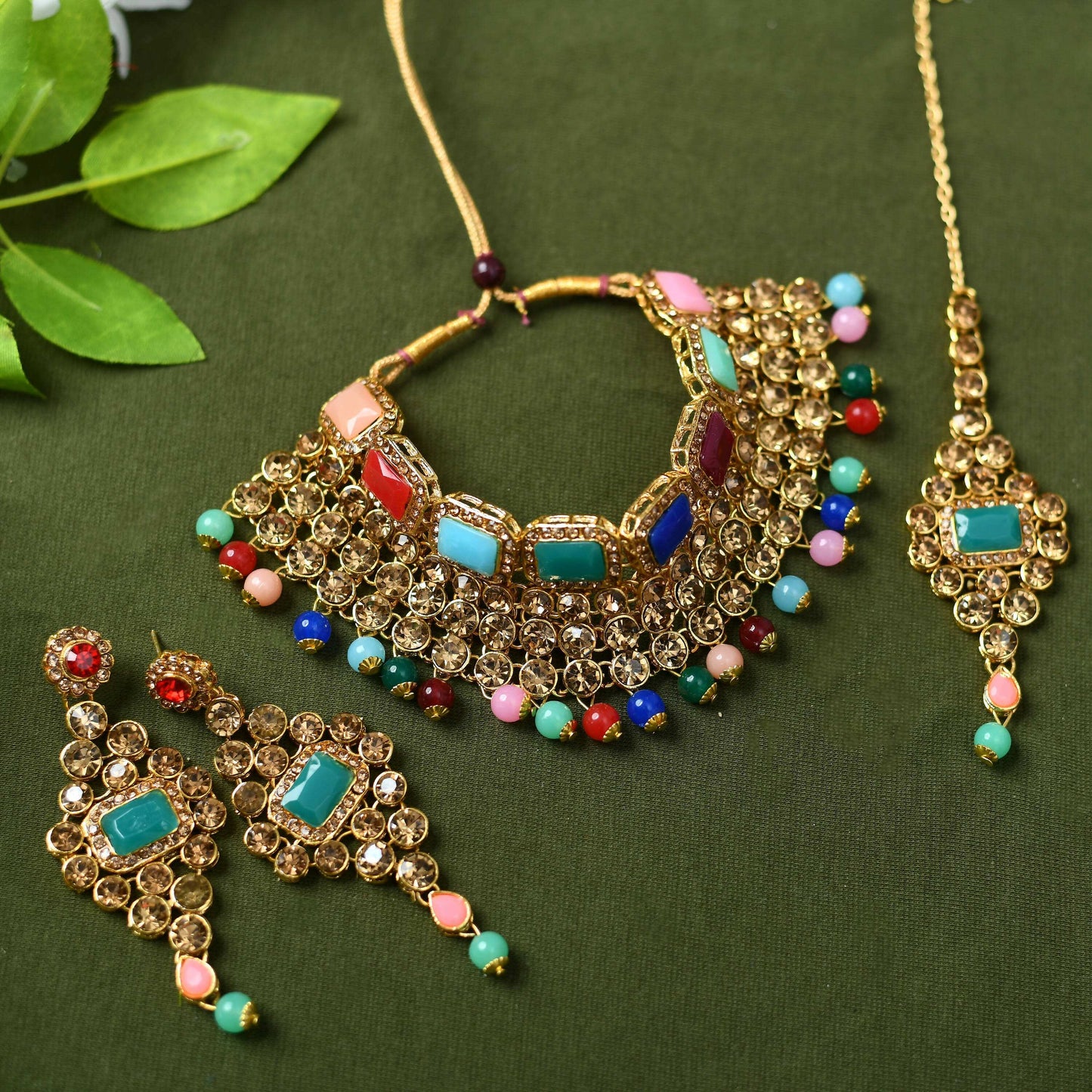Mominos Fashion Johar Kamal Gold-Polished Rajwadi Design Heavy Multi Color Necklace Set For Women