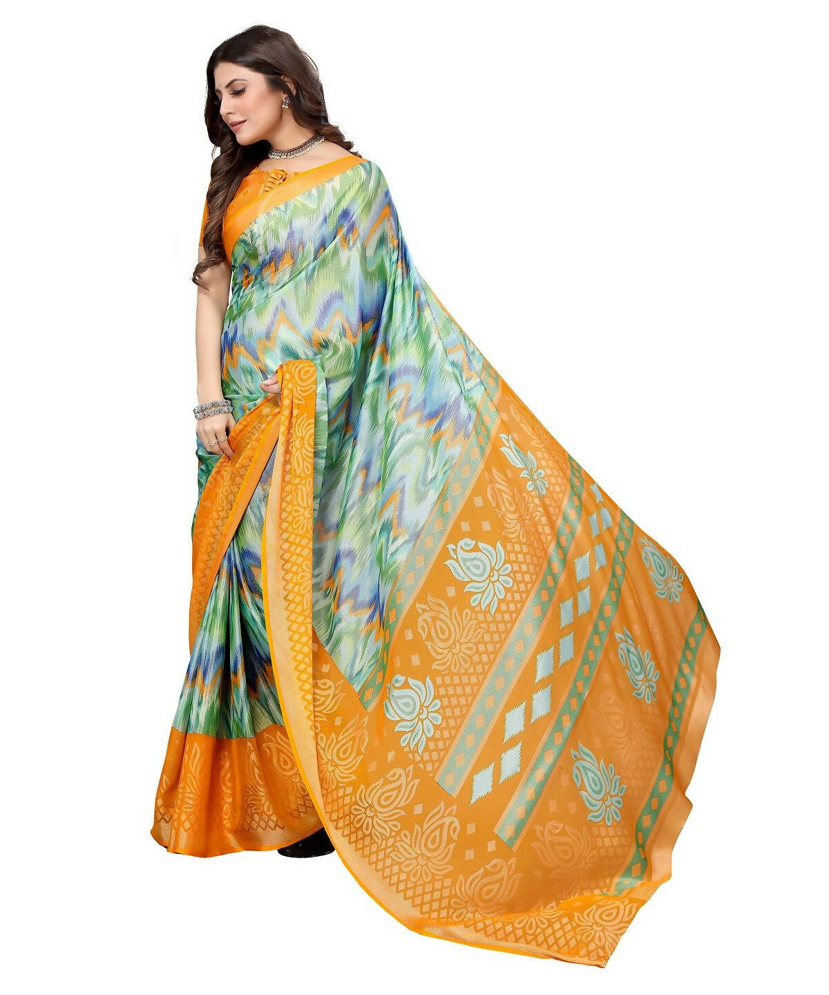 Vamika Green Chiffon Brasso Bollywood Style Woven Saree (KARUNA YELLOW)