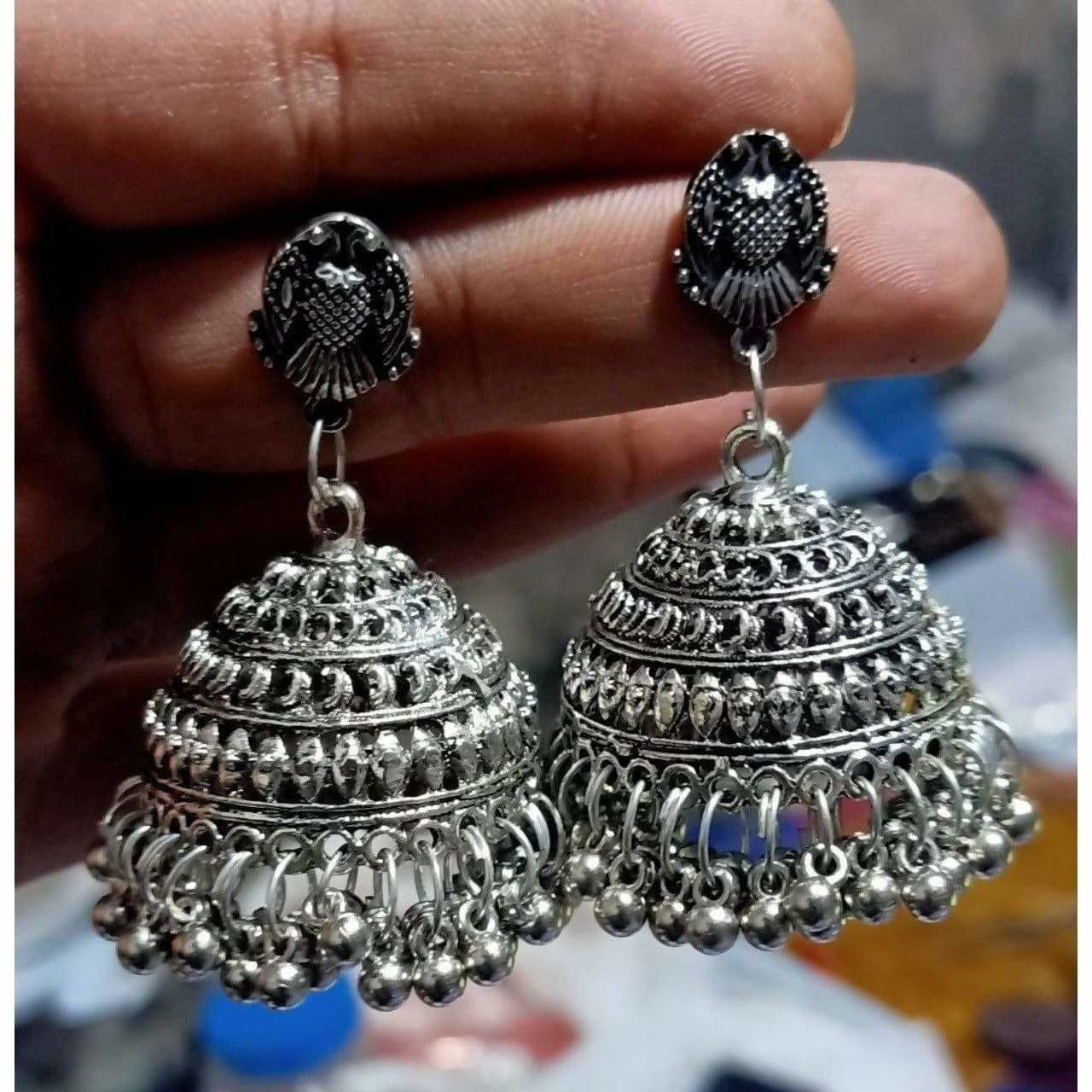 MS Fashion India Oxidized Light Weight Silver Jhumka Earrings