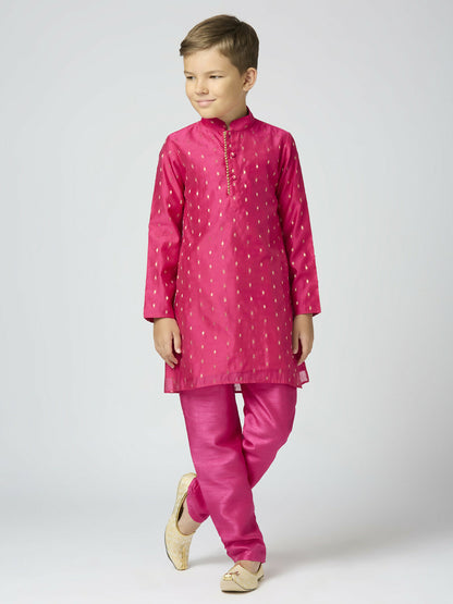 Joban Fashion Kids Island Full Sleeves Chanderi Kurta, Pyjama Set with Traditional Butta Work - Rani Pink