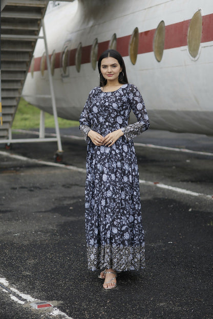 Aayaa Printed Faux Georgette with Embroidery Zari Sequins work Gown - Black