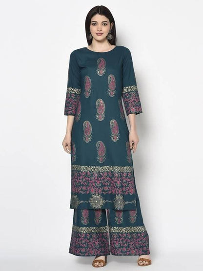 Aniyah Rayon Teal Blue Color Block Print Straight Kurta (AN-224K)