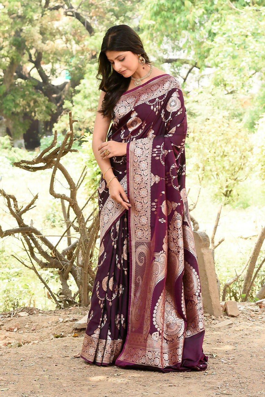 Joban Fashion Wine Banarasi Soft Pure Handloom Banarasi Silk Saree