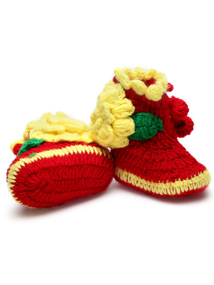 Chutput Kids Woollen Hand Knitted Flower Decor Booties - Red
