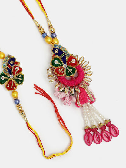 NVR Women & Men Set of 2 Multicolor Thread Work & Beaded Bhaiya Bhabhi Rakhi With Roli Chawal & Chocolate