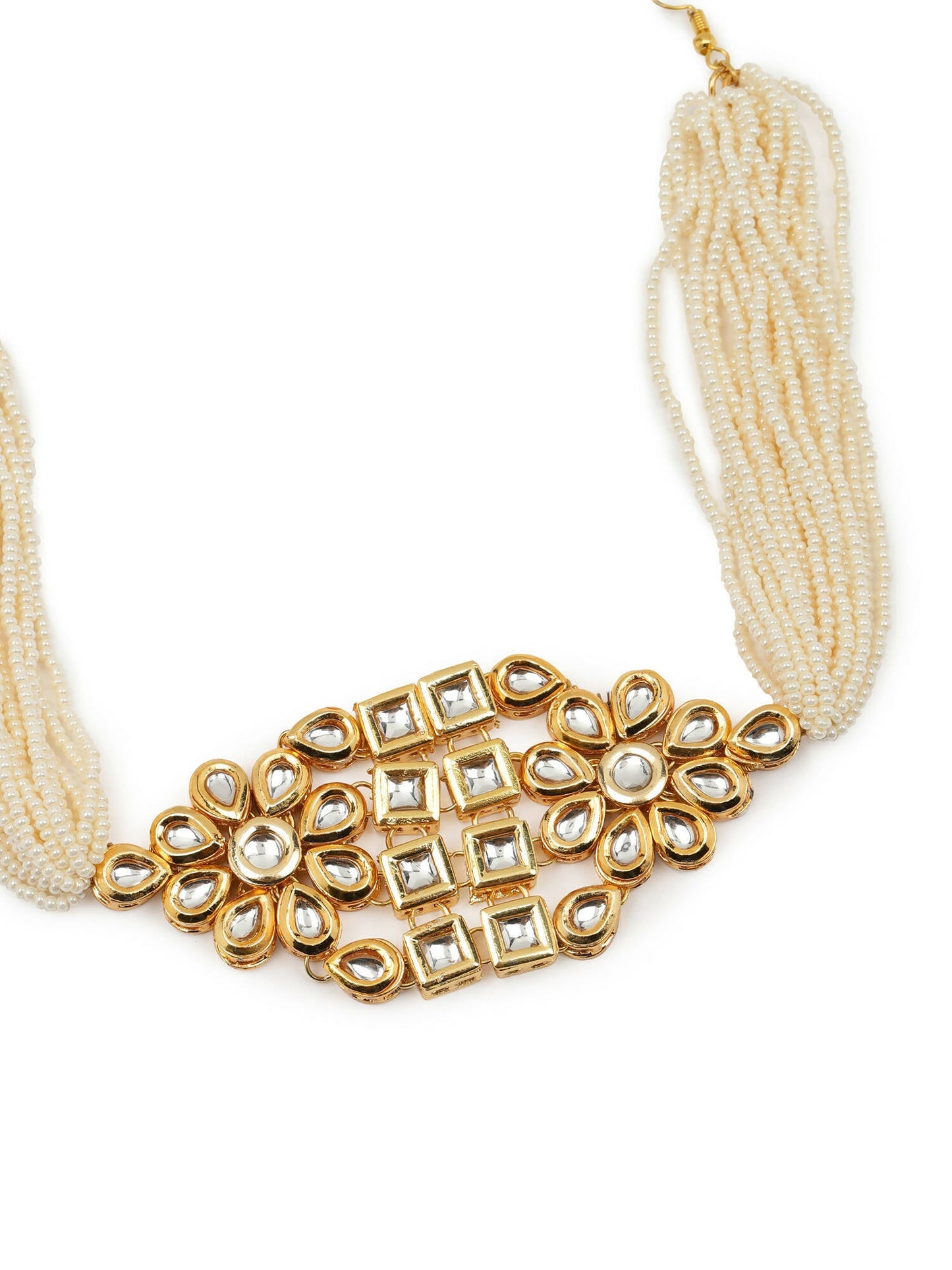Gold-Polished White Kundan-Studded Pearl Beaded Hair Band - Ruby Raang