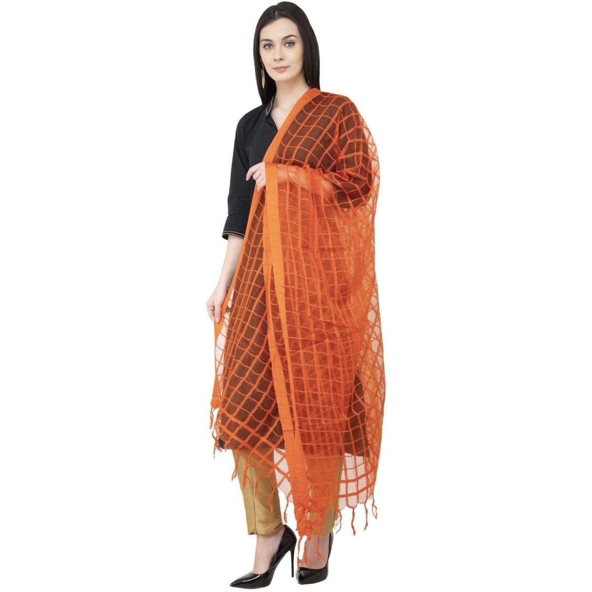 A R Silk Cotton Square Regular Dupatta Orange Color Dupatta or Chunni