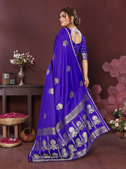 Joban Fashion Royal Blue Floral Motifs Banarasi Silk Sarees