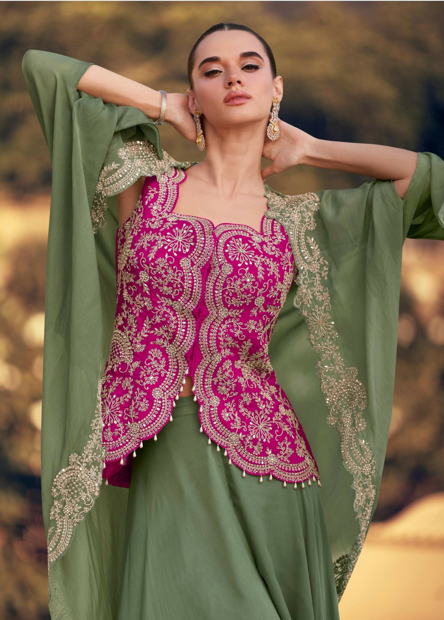 Anaita Mehendi Chinon Readymade Shrug Suit with Heavy Embroidery Work
