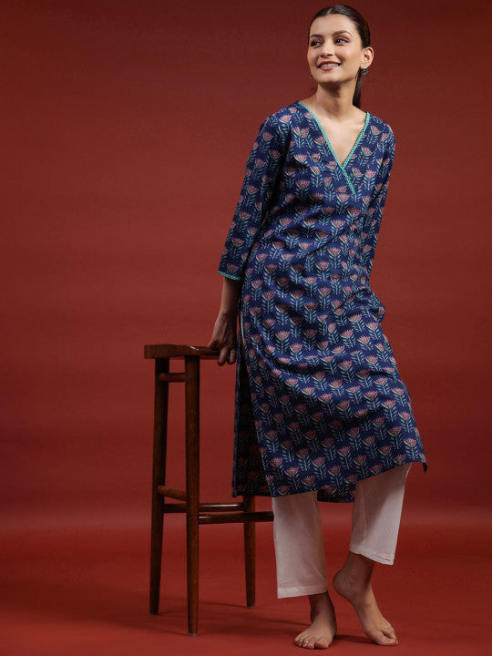 Aayna Women Ethnic Motifs Printed Flared Sleeves Mirror Work Floral Kurta