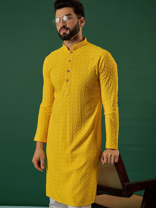Anouk Geometric Embroidered Mandarin Collar Sequinned Straight Kurta Yellow