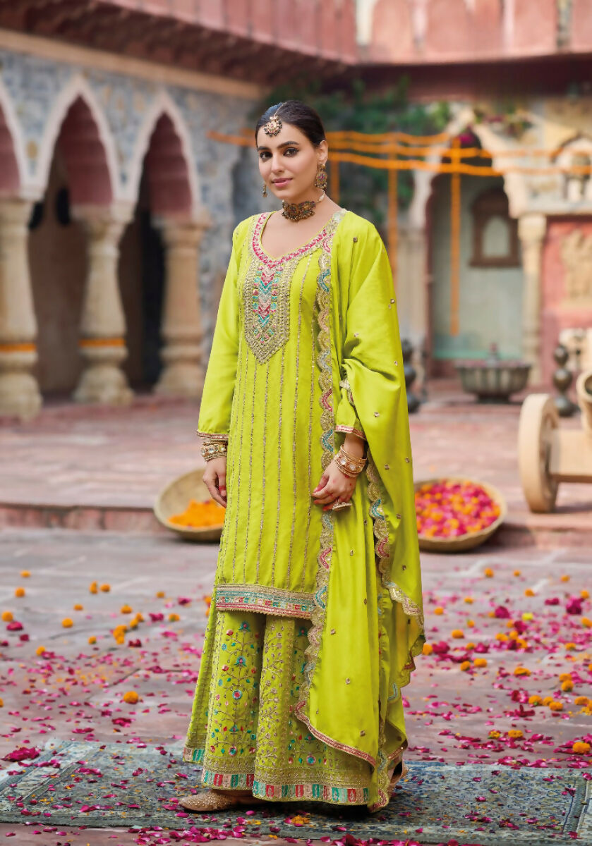 Anaita Lime Yellow Premium Embroidery Dhaga Sequin Work Ready Made Suit
