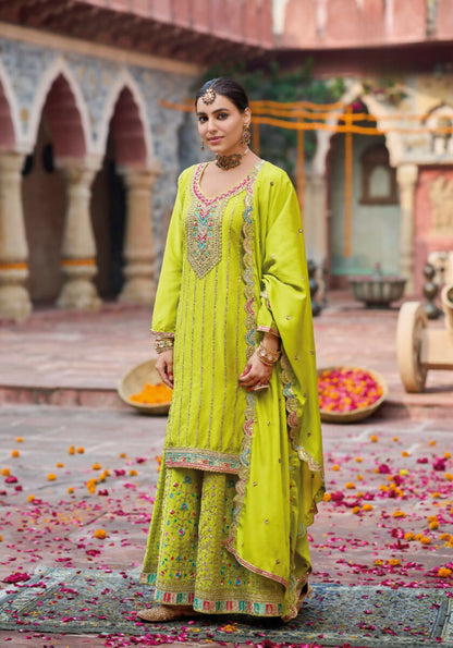 Anaita Lime Yellow Premium Embroidery Dhaga Sequin Work Ready Made Suit